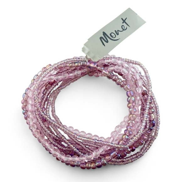 Vintage Monet Purple Crystal Beaded Stretch Bracelet Set - Picture 1 of 5